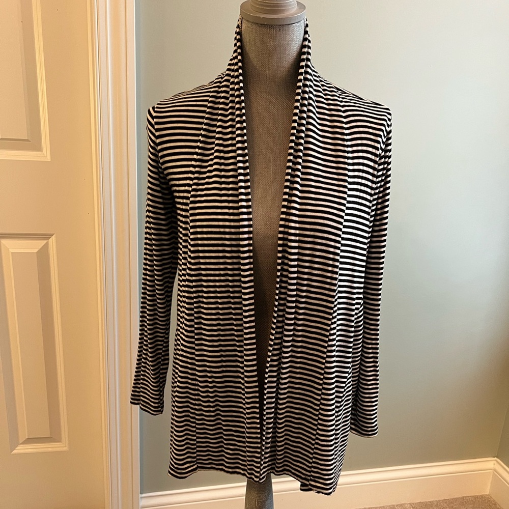 Black and white striped knit open front cardigan